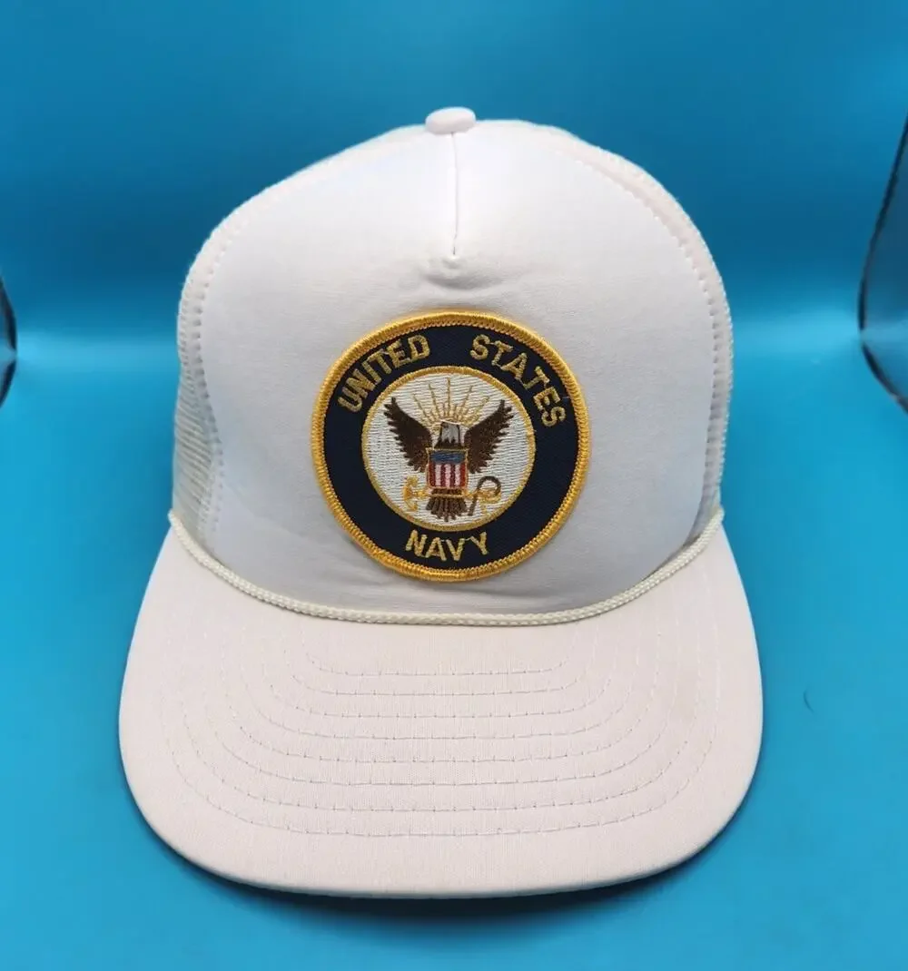 Vintage Nissin United States Navy White Mesh Back Snapback Trucker Cap Hat Cord